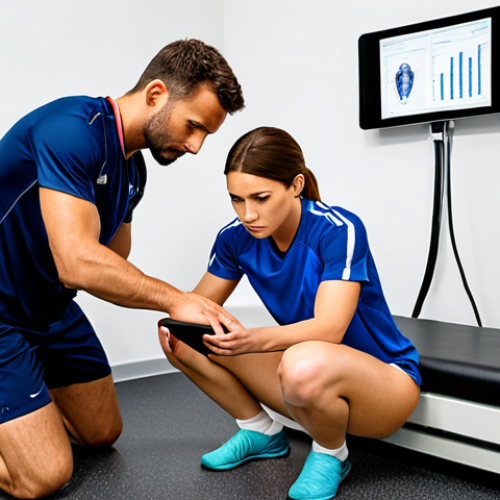 Here are three image prompts based on the provided text, designed to be generated by an AI image generation A professional sports rehabilitation specialist, a male physical therapist in modern sports attire, meticulously examining a kneeling female soccer player's knee in a clean, brightly lit clinic. The specialist holds a tablet displaying biomechanical data, focusing intently on the player's joint. The atmosphere is professional, empathetic, and highly focused on detailed diagnosis. Subtle elements of advanced diagnostic tools in the background.