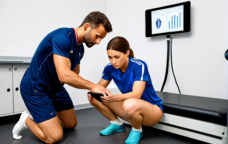 Here are three image prompts based on the provided text, designed to be generated by an AI image generation A professional sports rehabilitation specialist, a male physical therapist in modern sports attire, meticulously examining a kneeling female soccer player's knee in a clean, brightly lit clinic. The specialist holds a tablet displaying biomechanical data, focusing intently on the player's joint. The atmosphere is professional, empathetic, and highly focused on detailed diagnosis. Subtle elements of advanced diagnostic tools in the background.