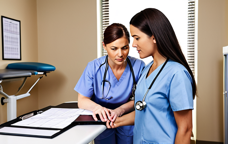 **A diverse team of medical professionals (doctor, physical therapist, nurse) collaboratively reviewing a patient's rehabilitation plan. Focus on communication and shared decision-making, with a positive and supportive atmosphere.**