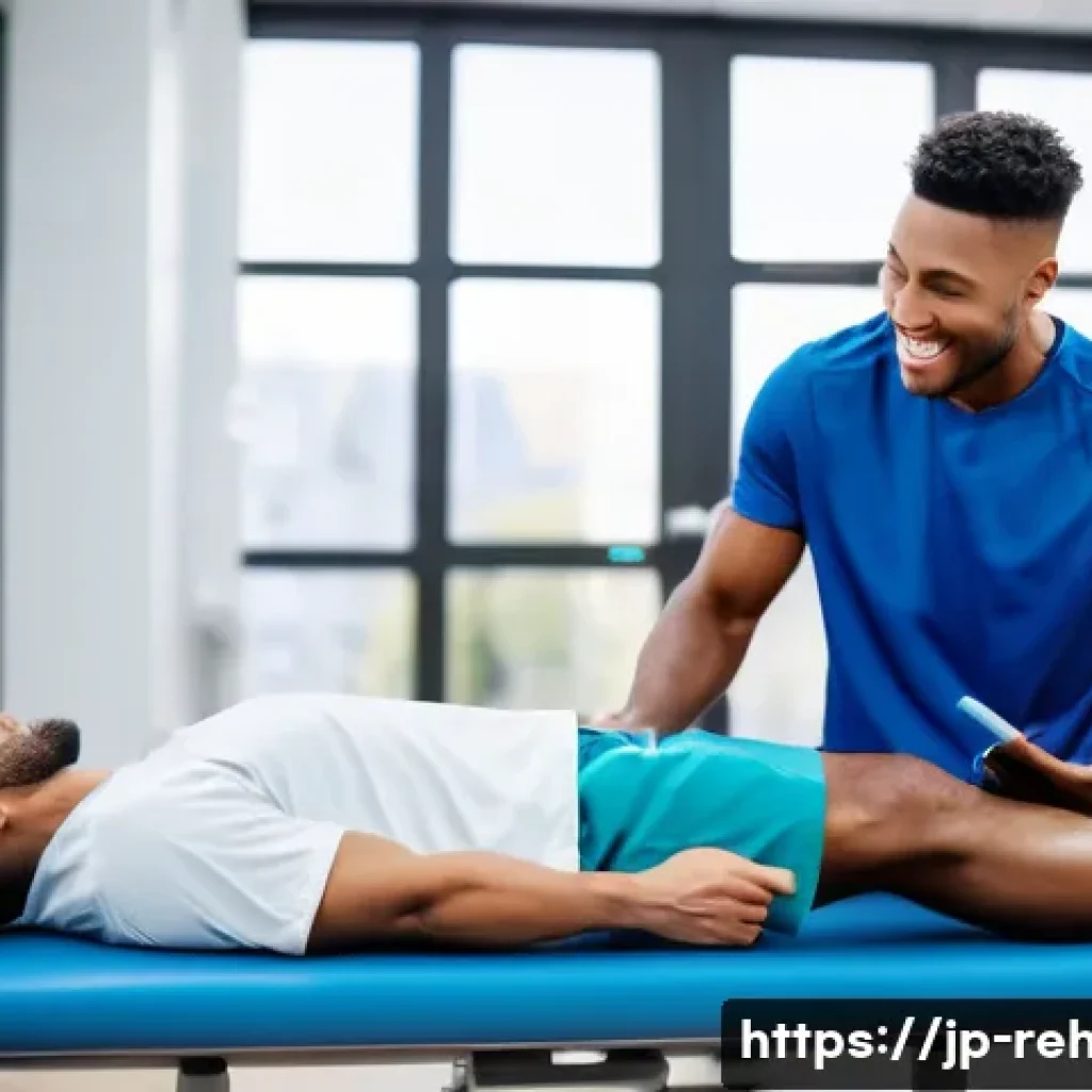 스포츠재활사와 물리치료센터 협력 사례 - A male athlete in his early 20s, wearing modest basketball shorts and a t-shirt, sits on a modern re...