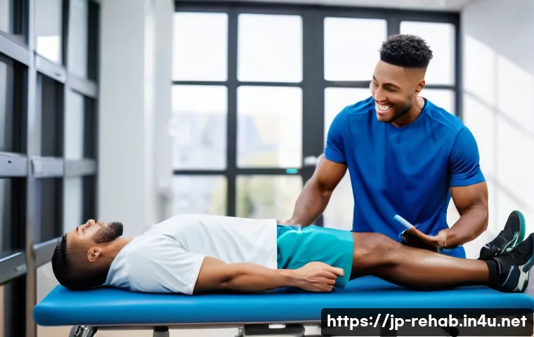 스포츠재활사와 물리치료센터 협력 사례 - A male athlete in his early 20s, wearing modest basketball shorts and a t-shirt, sits on a modern re...