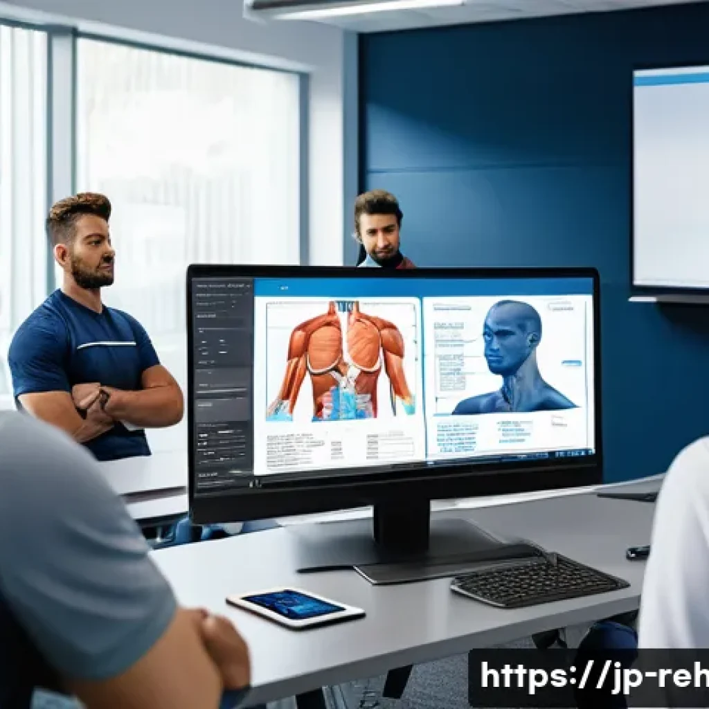 스포츠재활사 온라인 자격증 강의 비교 - A modern online sports rehabilitation classroom scene featuring diverse adult students attentively w...