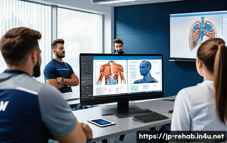 스포츠재활사 온라인 자격증 강의 비교 - A modern online sports rehabilitation classroom scene featuring diverse adult students attentively w...