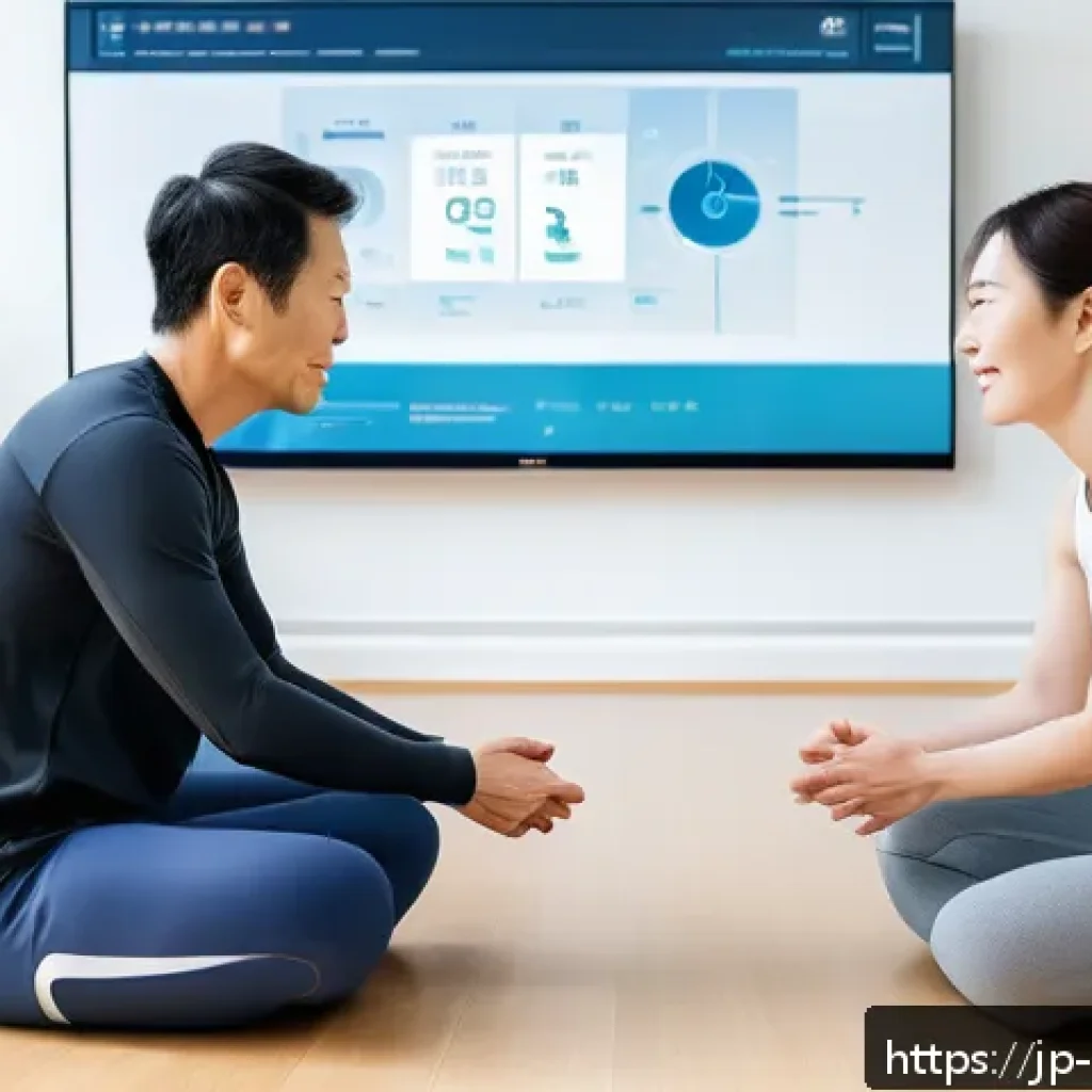 스포츠재활사 고객의 재활 과정 사례 - A professional sports rehabilitation clinic scene featuring a diverse group of patients and therapis...