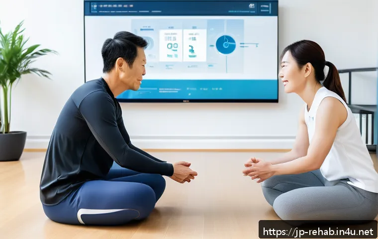 스포츠재활사 고객의 재활 과정 사례 - A professional sports rehabilitation clinic scene featuring a diverse group of patients and therapis...