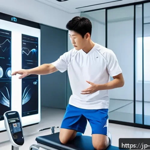 스포츠재활사의 전문 클리닉 탐방 후기 - A modern sports rehabilitation clinic interior featuring a professional Japanese physiotherapist wea...
