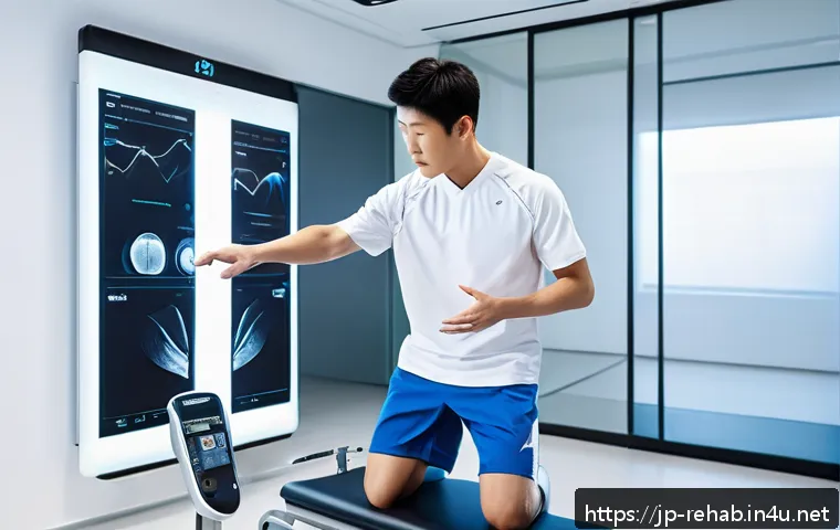 스포츠재활사의 전문 클리닉 탐방 후기 - A modern sports rehabilitation clinic interior featuring a professional Japanese physiotherapist wea...