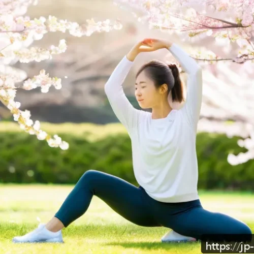 스포츠재활사의 스트레칭 지도법 - A serene morning scene featuring a young Japanese woman in comfortable sportswear performing gentle ...