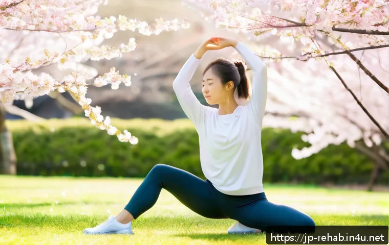 스포츠재활사의 스트레칭 지도법 - A serene morning scene featuring a young Japanese woman in comfortable sportswear performing gentle ...