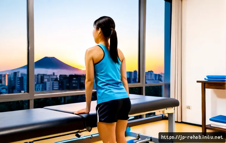 스포츠재활사 워라밸 유지 팁 - Photorealistic sports rehabilitation therapist finishing a calm evening stretching session in a brig...