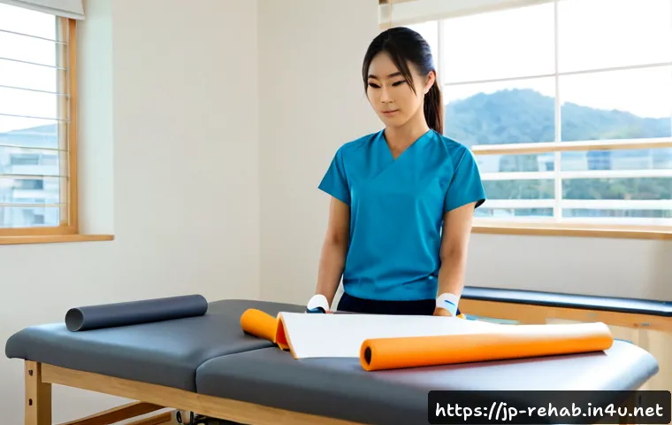 스포츠재활사 실습 준비 팁 - Photorealistic sports rehabilitation internship preparation scene in a clean Japanese physical thera...